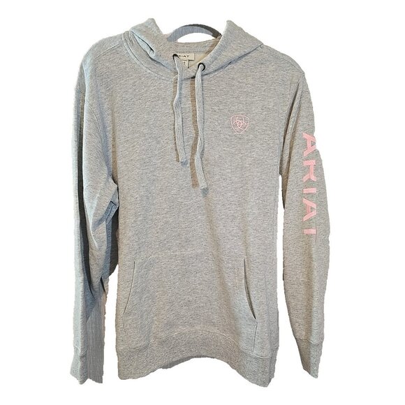 Ariat Tops - Ariat Womens Logo Spell Out Hoodie Sweatshirt pocket Gray Pink Size L New